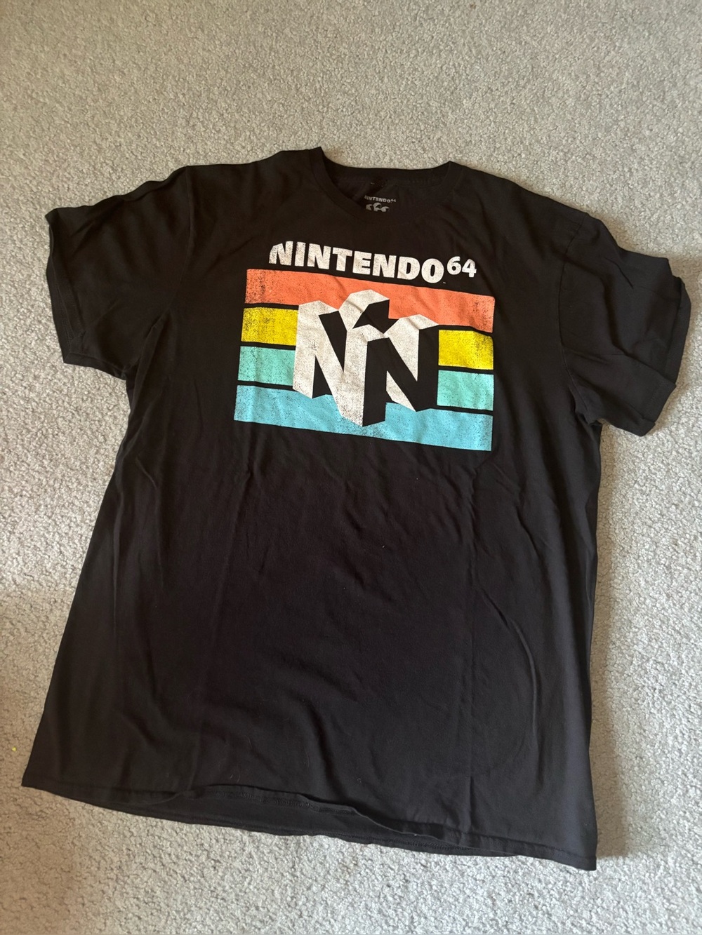 Nintendo Black Tee with Red, Yellow and Blue Retro Stripes